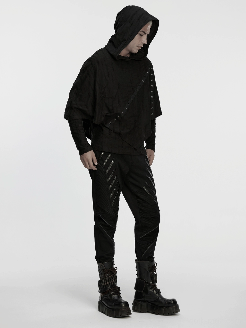 Black gothic twill pants with symmetrical rivet strap styling and architectural panel construction
