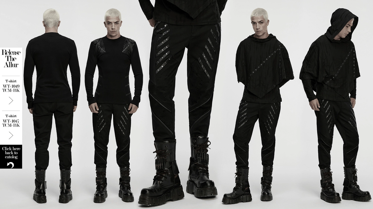 Black gothic twill pants slim-fit silhouette highlighting rivet mesh construction