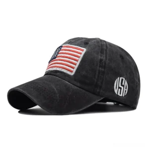 Black washed cotton gothic USA flag baseball cap with embroidered detail, left front three-quarter view on white background