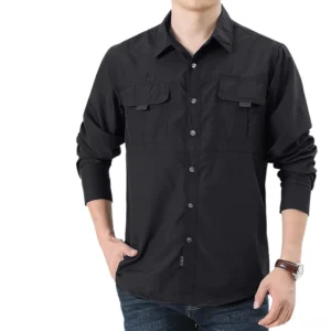 Black gothic utility button-up shirt front view, showing dual chest pockets and turn-down collar on male model