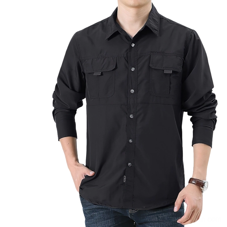 Black gothic utility button-up shirt front view, showing dual chest pockets and turn-down collar on male model