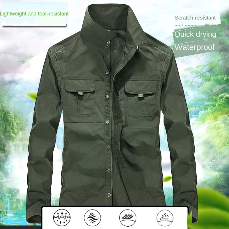 Black gothic utility button-up shirt promotional photo, highlighting quality cotton broadcloth and structured fit