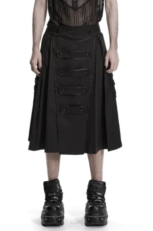 Black gothic utility skirt with cargo straps and strap panels front view on male model