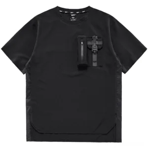 Black gothic utility oversized T-shirt front view with chest zippered pocket and contrast side panels
