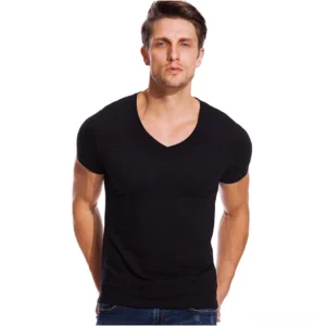 Black minimalist gothic V-neck slim fit short sleeve T-shirt for men, front view on model