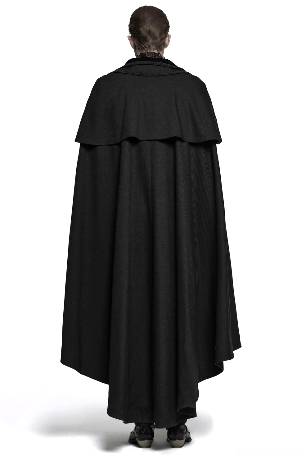Rear view of black gothic vampire cloak showcasing floor-length flowing cape with shoulder overlay and draped embossed velvet