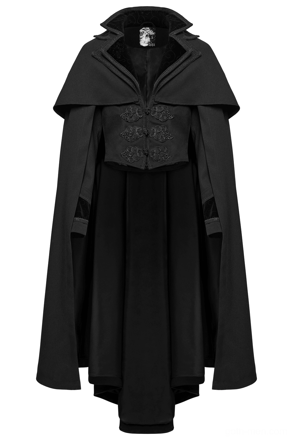 Black gothic vampire cloak front flat lay shot with embellished vest front and high layered double collar detail