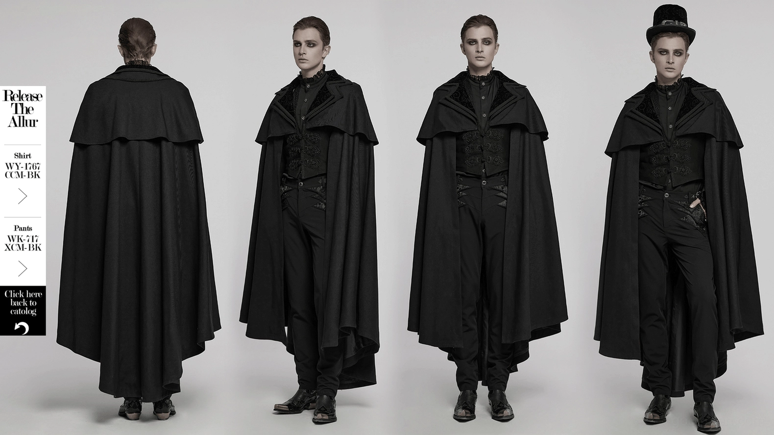 Black gothic vampire cloak hanging display showing dramatic drape and floor-length silhouette of embossed velvet cape