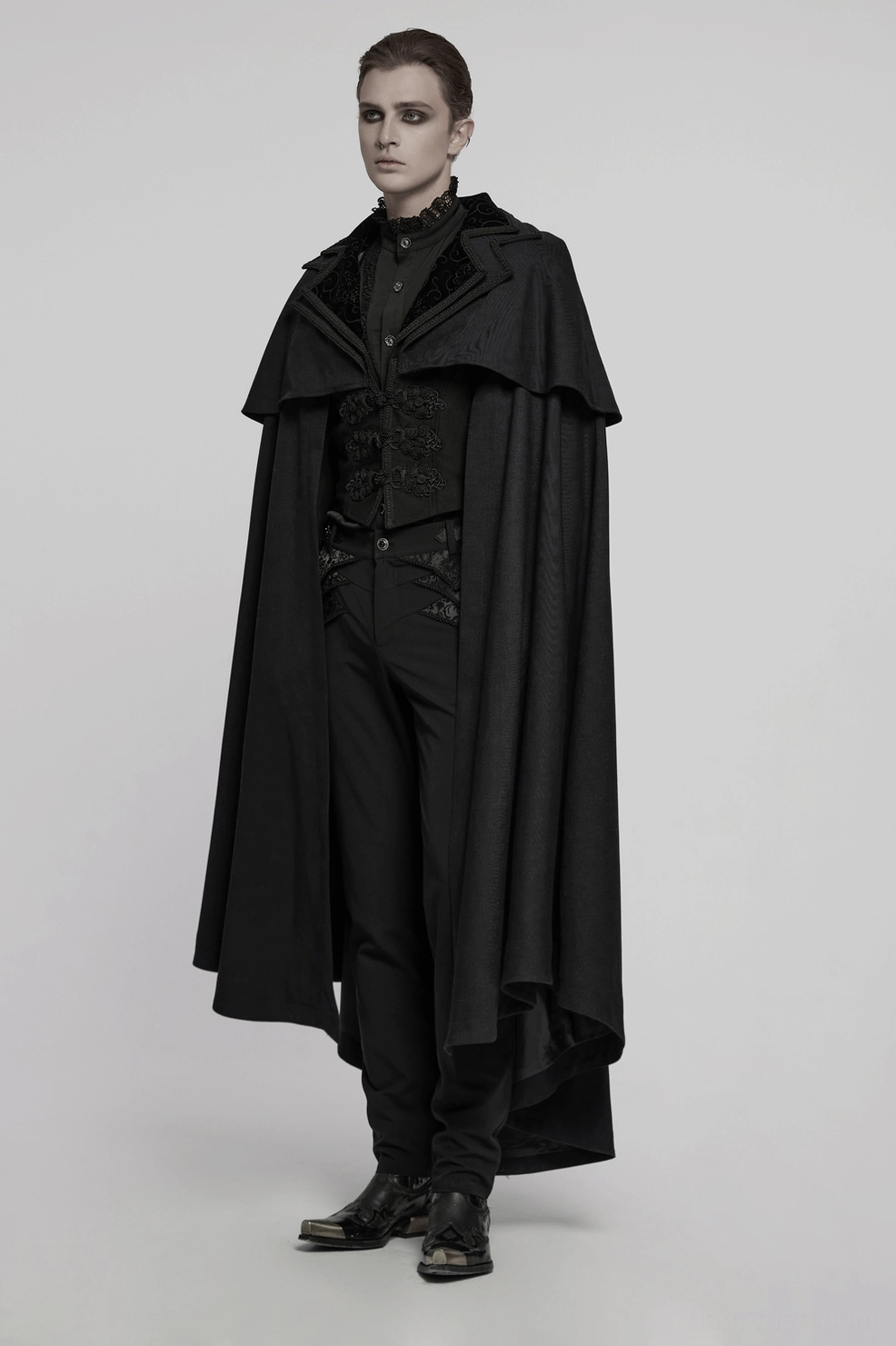 Full outfit display of black gothic vampire cloak styled with gothic aesthetic and alternative fashion presentation