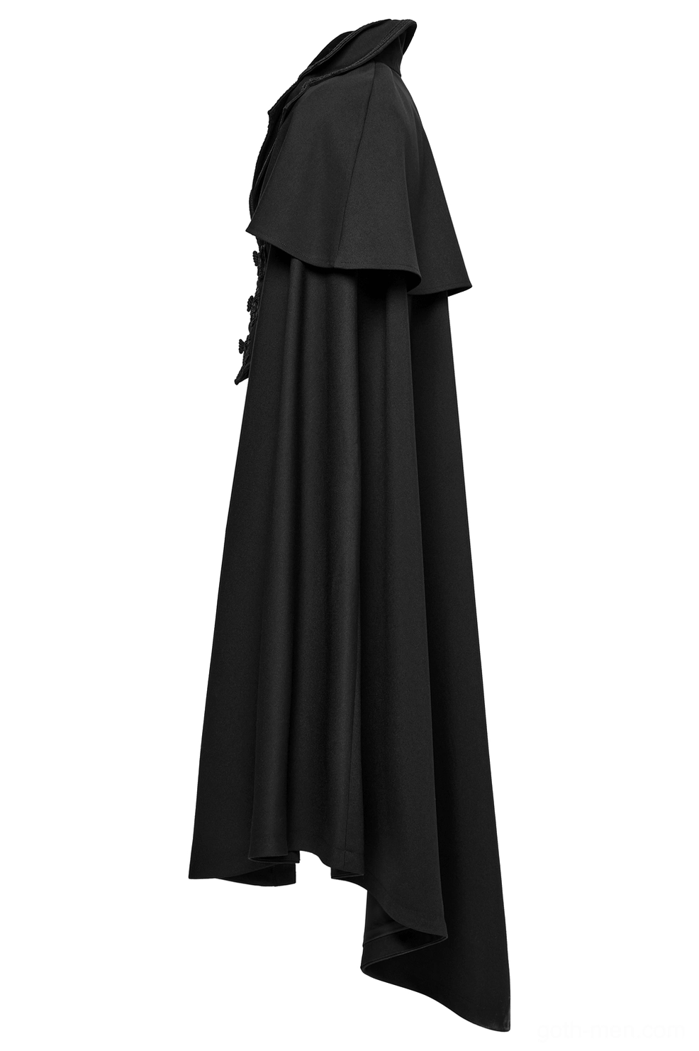 Side profile of male model in black velvet gothic vampire cloak showing draped heavy fabric and shoulder capelet