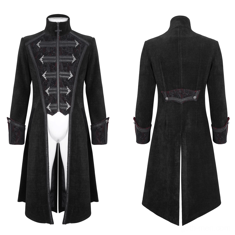 Men's black gothic velvet embroidered tailcoat full body view on display mannequin