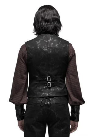 Black gothic mens vest back view on model - rear buckle straps and lace-up details