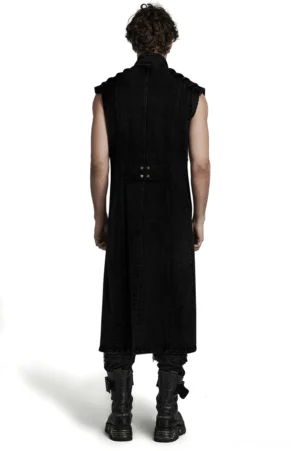 Black punk long denim vest back view showing rear rivet strap closure and sleeveless gothic design