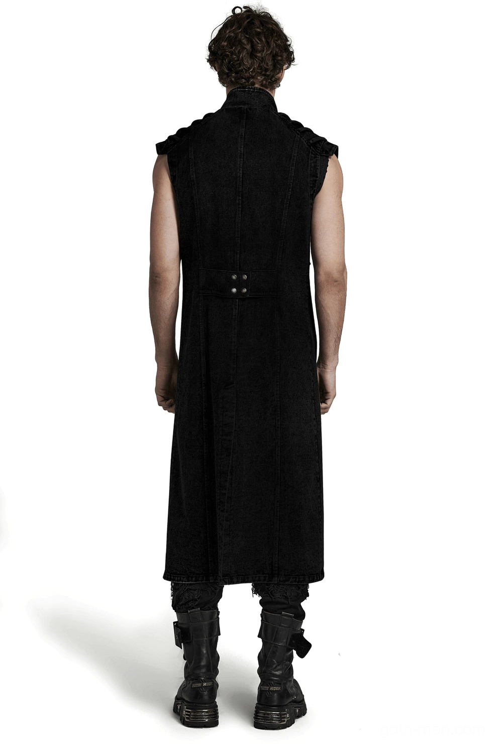 Black punk long denim vest back view showing rear rivet strap closure and sleeveless gothic design