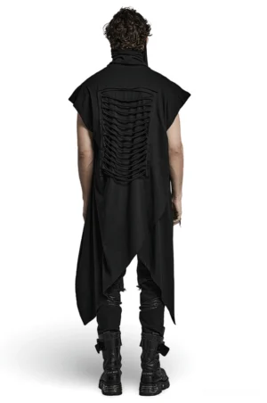 Black gothic knit vest rear view showing ruched cutout back detail on male model