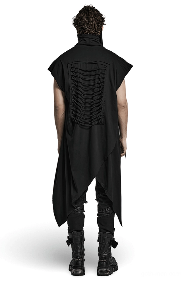 Black gothic knit vest rear view showing ruched cutout back detail on male model