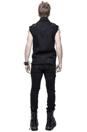 Back view of black gothic punk denim vest with studded shoulder straps and raw hem