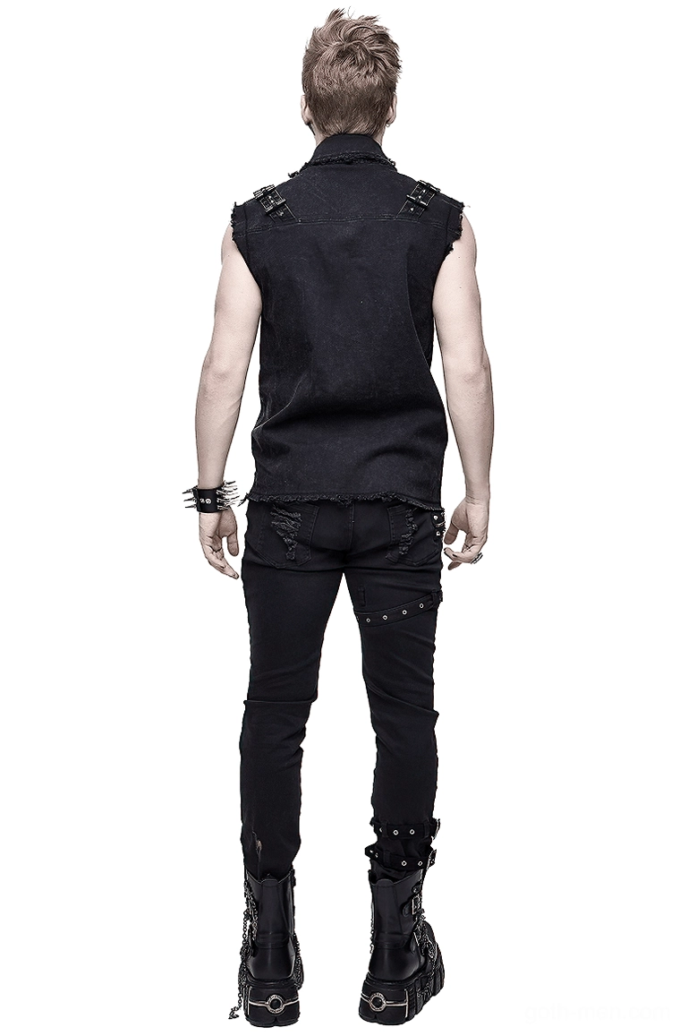 Back view of black gothic punk denim vest with studded shoulder straps and raw hem