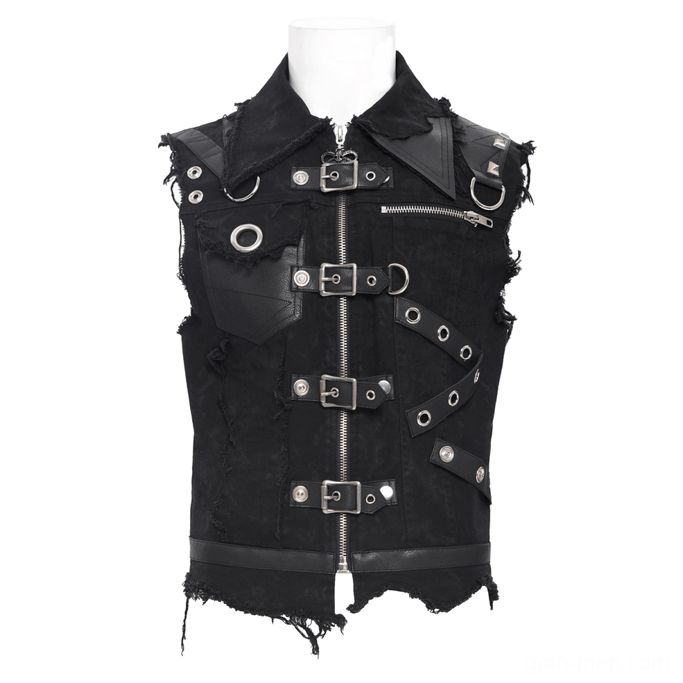 Black gothic zipper vest mannequin front view multiple buckles distressed edges