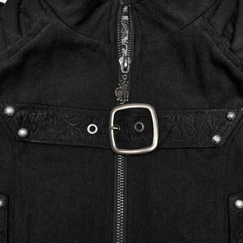 Close-up detail of black gothic armored vest front closure, showing silver metal zipper, square buckle strap, and matching rivet embellishments