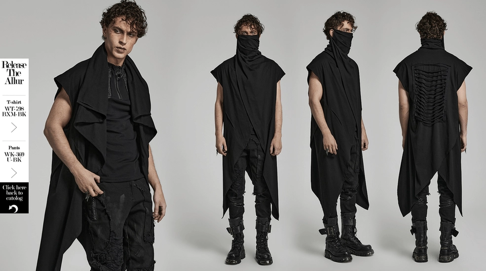 Black gothic knit vest styling and drape demonstration on display