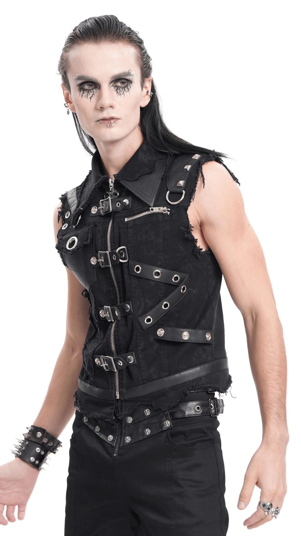 Black gothic industrial vest flat lay product photography studio view
