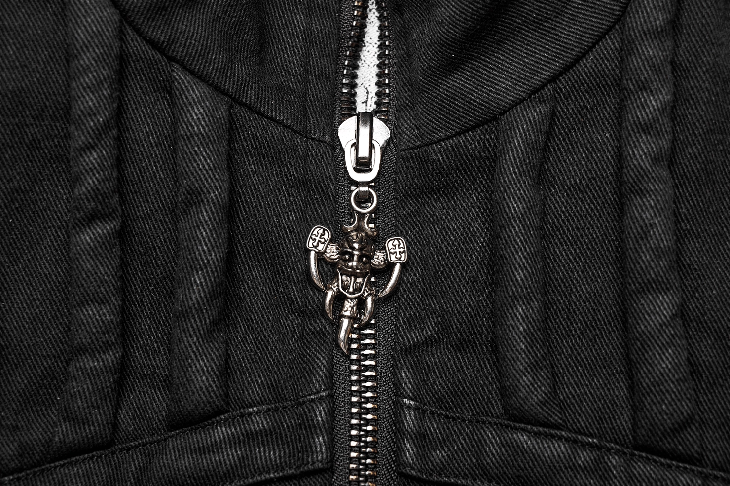 Black denim gothic vest full length showing extended cut waistline and fitted silhouette