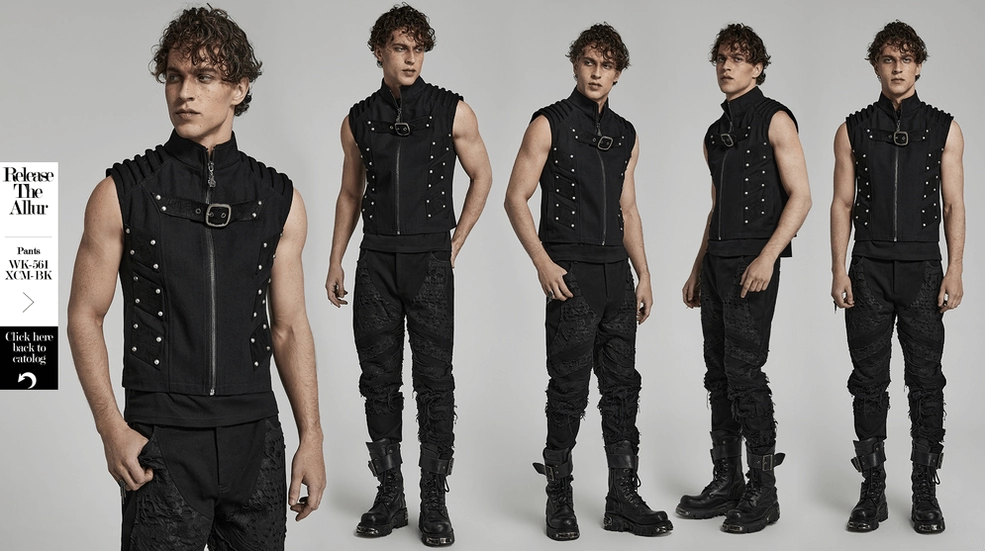 Black gothic armored vest styling detail, showing how structured design creates imposing presence and powerful masculine silhouette