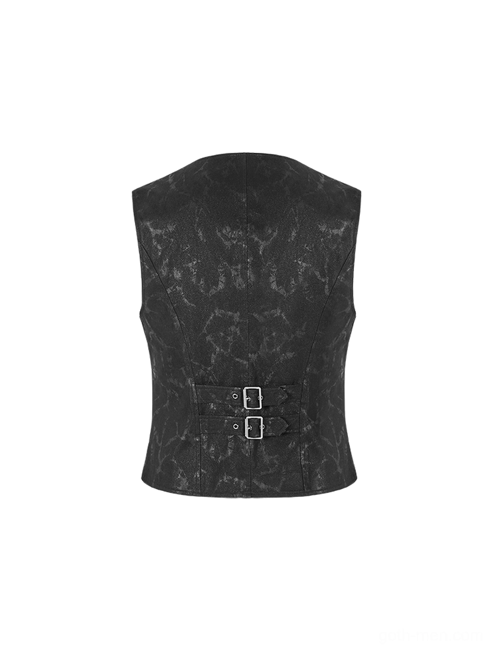 Black gothic mens vest rear panel flat lay - dual metal buckles and tailored construction