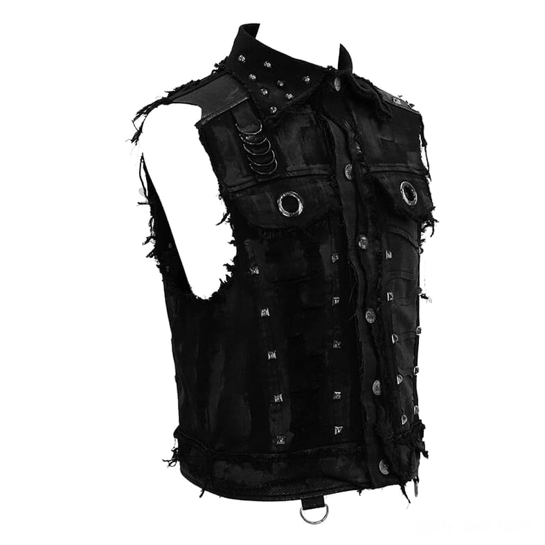 Right front perspective black gothic vest with studded collar and distressed trim edges