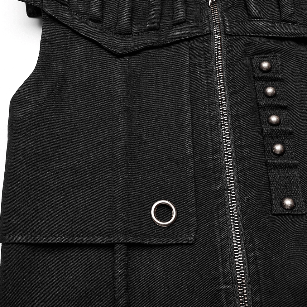 Black gothic long denim vest rivet placement and distressed texture close-up detail shot