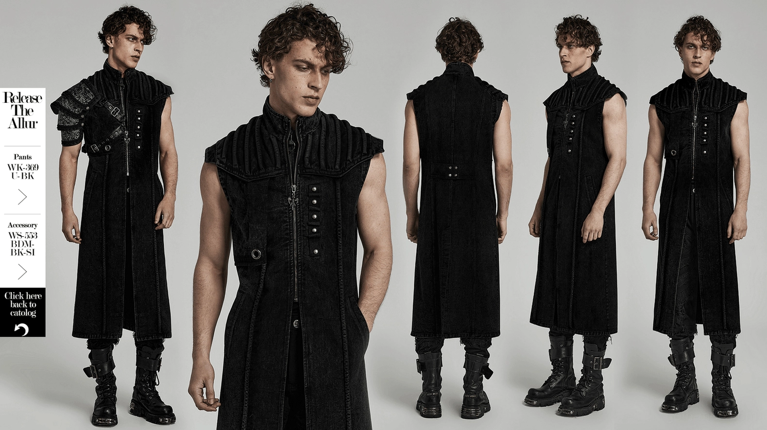 Black distressed gothic denim vest detailed view of rivet placement and fabric texture quality