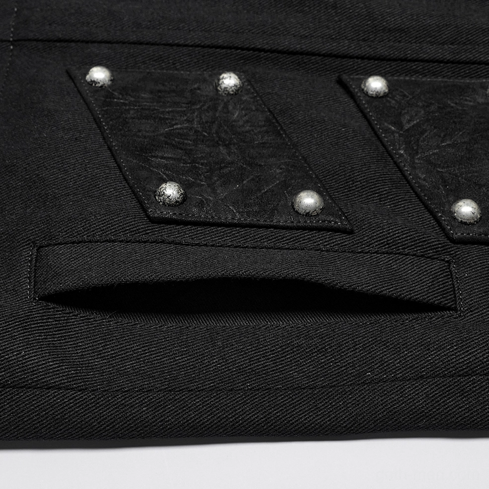 Black gothic armored vest side flat lay view, showing sleeveless armhole design, side pocket, and metallic rivet detailing