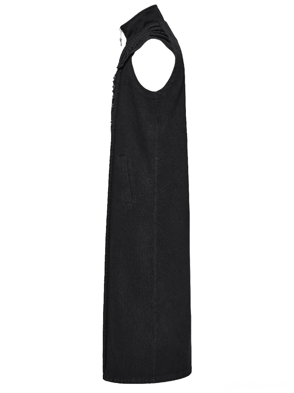 Side profile view black distressed gothic denim vest sleeveless design and stand collar