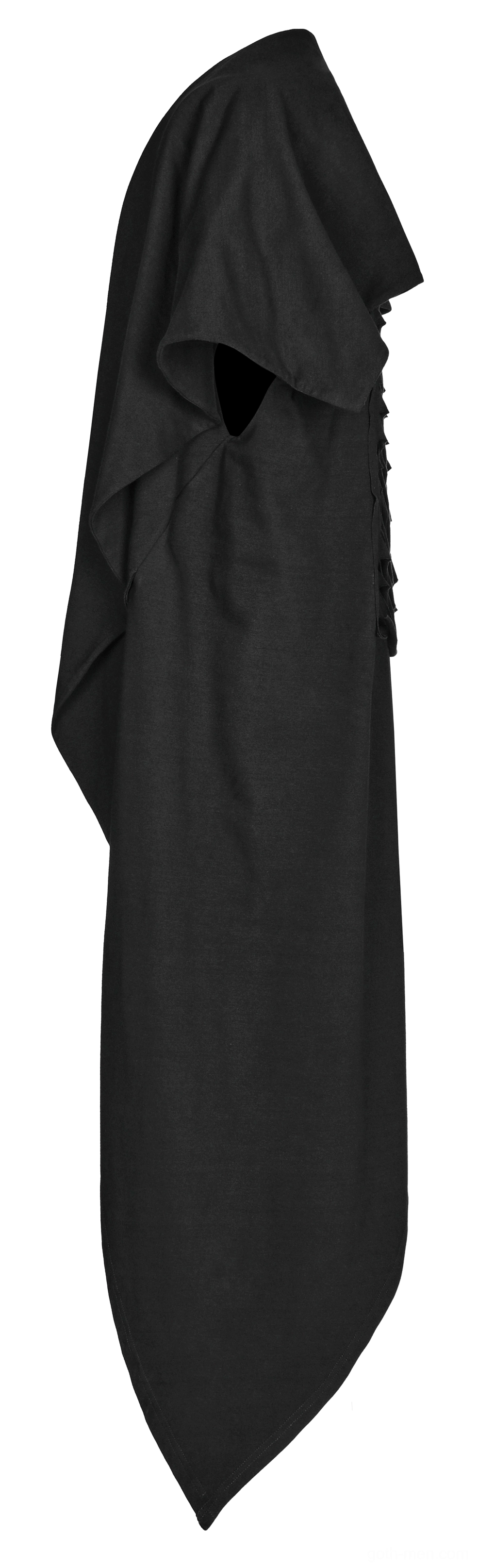 Black gothic hooded knit vest side view showing attached hood and irregular hemline