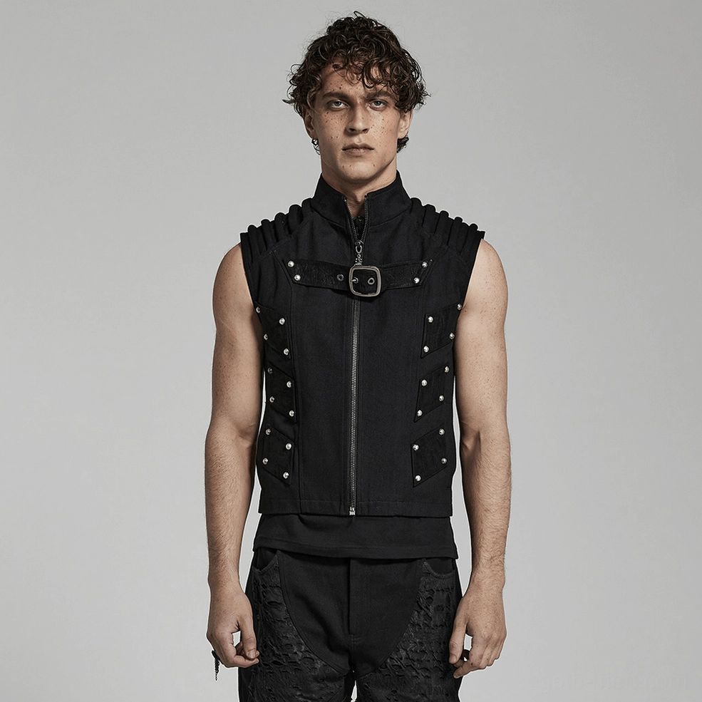 Black gothic armored vest on male model, three-quarter angle view emphasizing padded shoulders and decorative stud placements