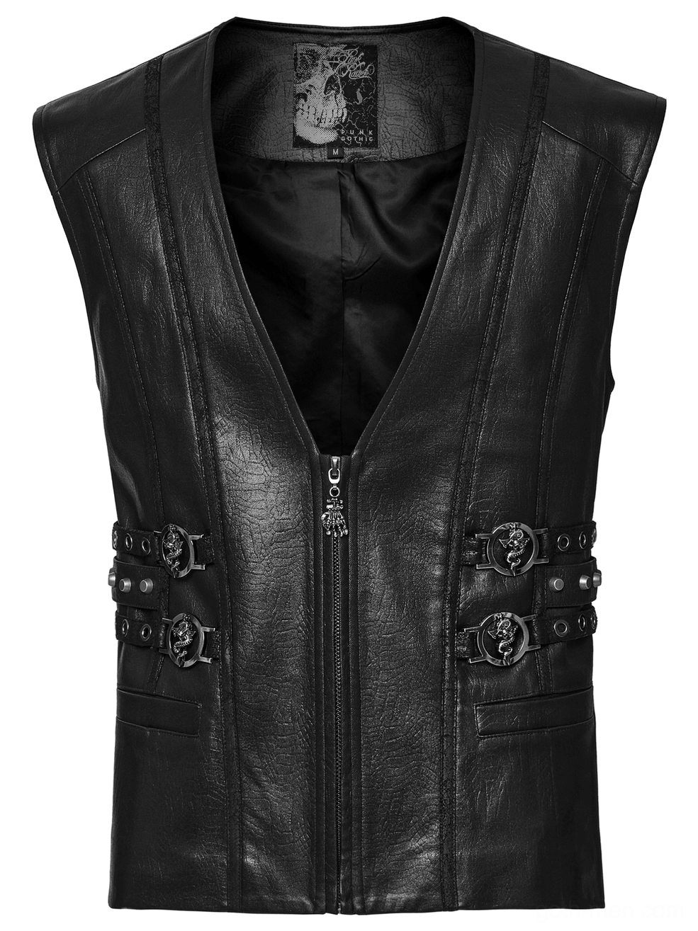 Front flat lay close-up of gothic waistcoat showing V-neck zipper and dual side buckle sets