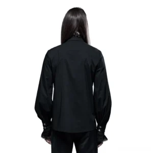 Black gothic Victorian shirt rear view displaying ruffled back collar and bishop sleeves on model