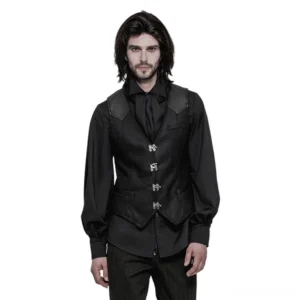 Black gothic Victorian waistcoat with antique silver claw clasps front view on model