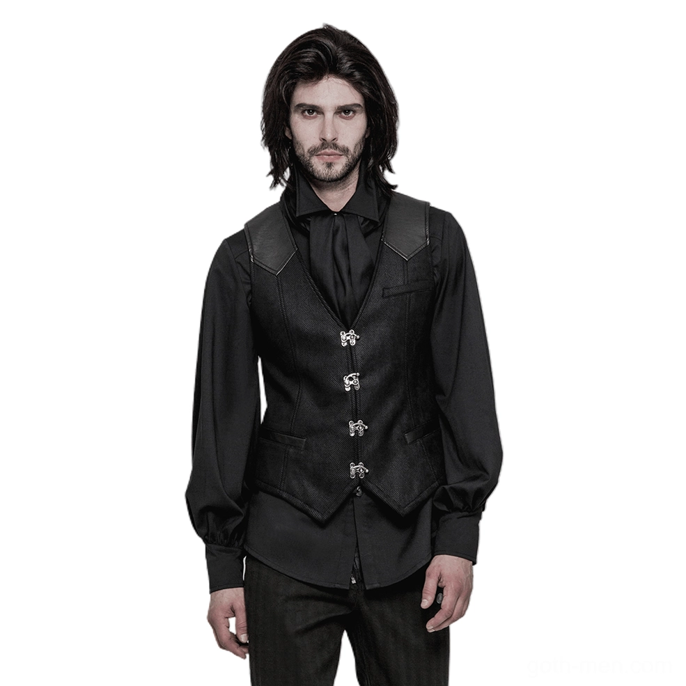 Black gothic Victorian waistcoat with antique silver claw clasps front view on model