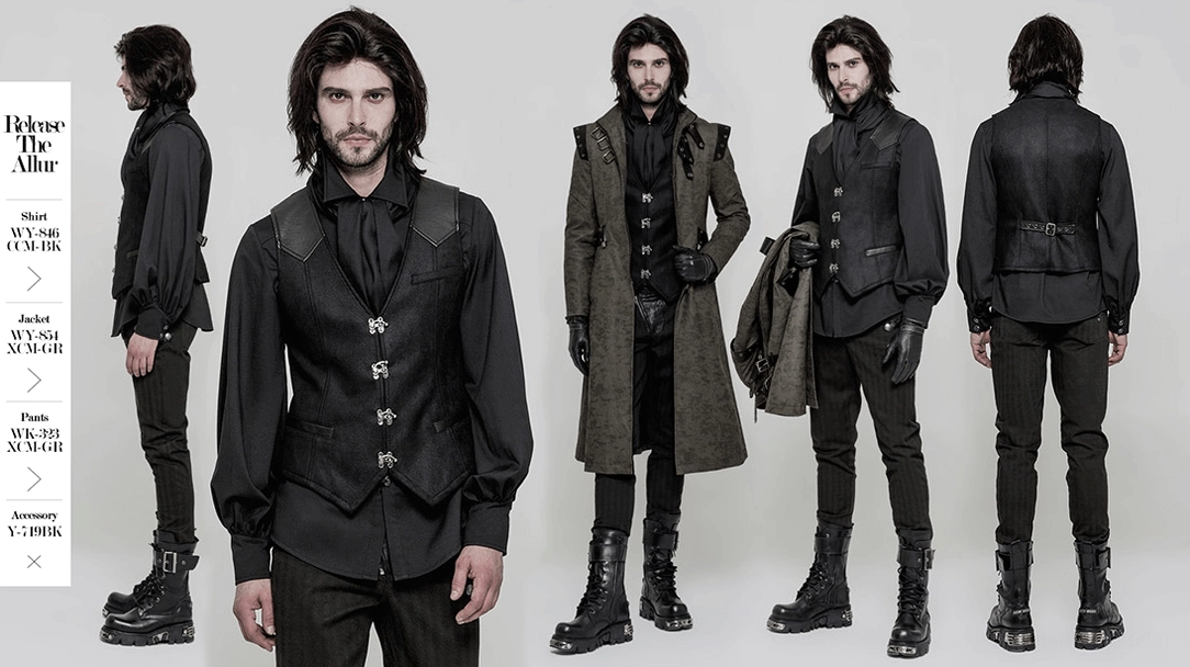 Black gothic Victorian waistcoat displaying fitted cut and contrasting leather details