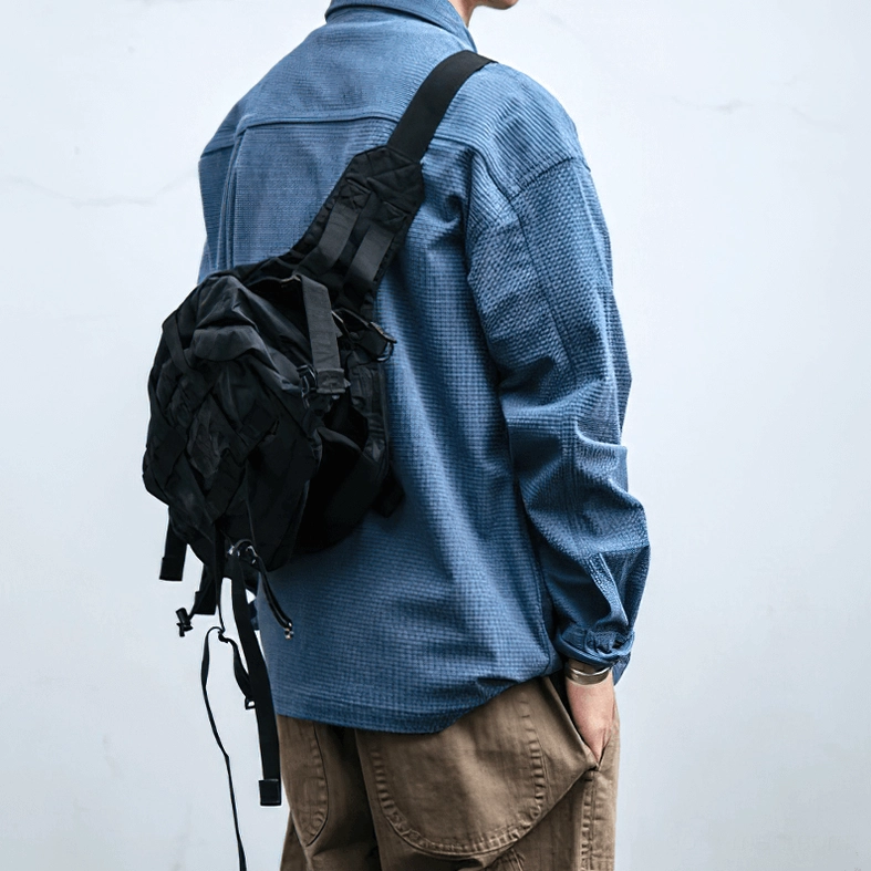 Black waffle texture gothic shirt pocket detail - dual chest flap pockets alternative style