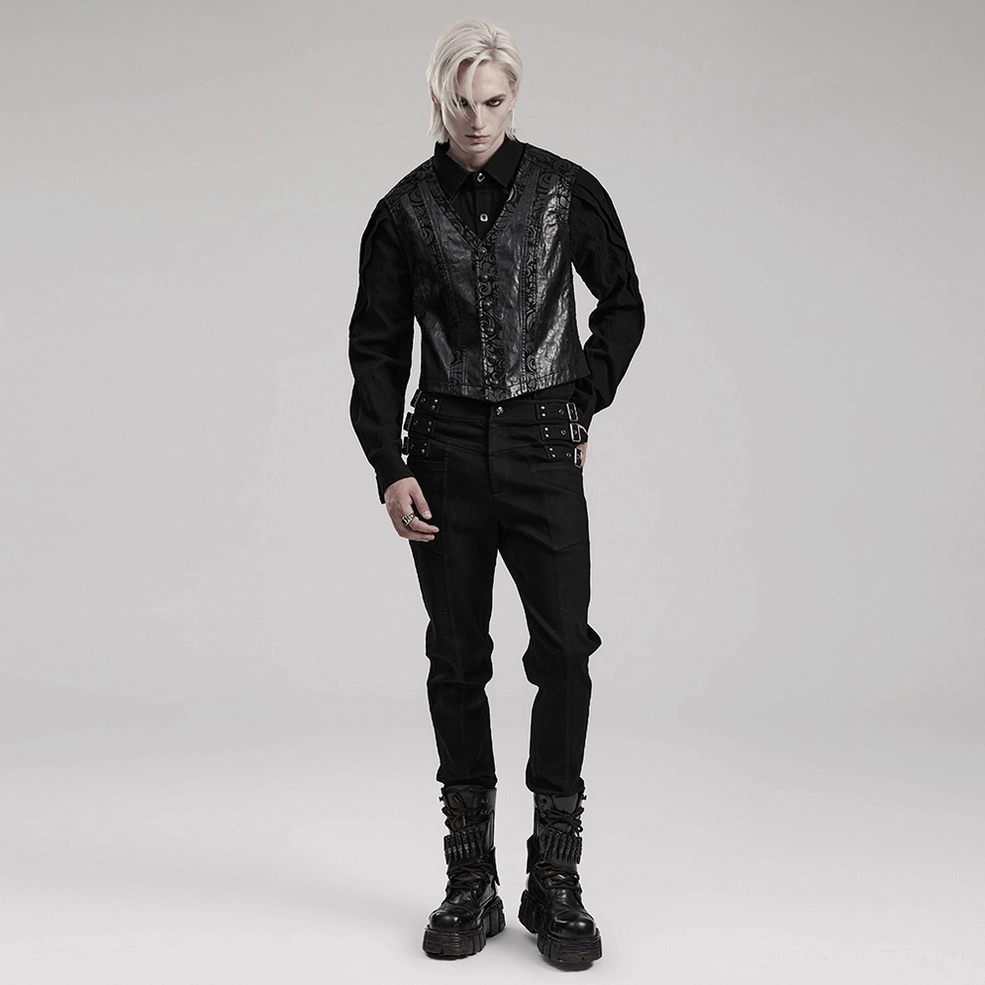 Black gothic waistcoat front and back embossed scroll leather V-neckline architectural design