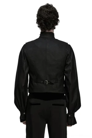 Black gothic waistcoat back view showing adjustable waist buckle strap detail
