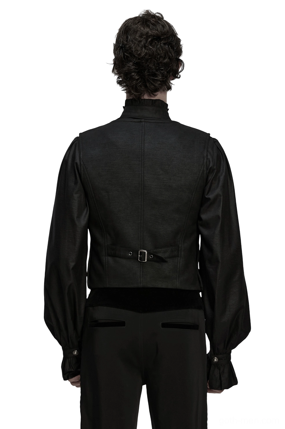 Black gothic waistcoat back view showing adjustable waist buckle strap detail