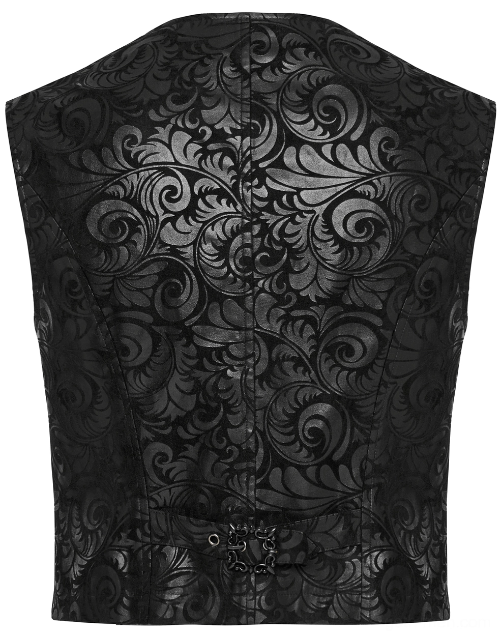 Black gothic waistcoat back flat lay showing metal hook buckle waist adjuster embossed pattern