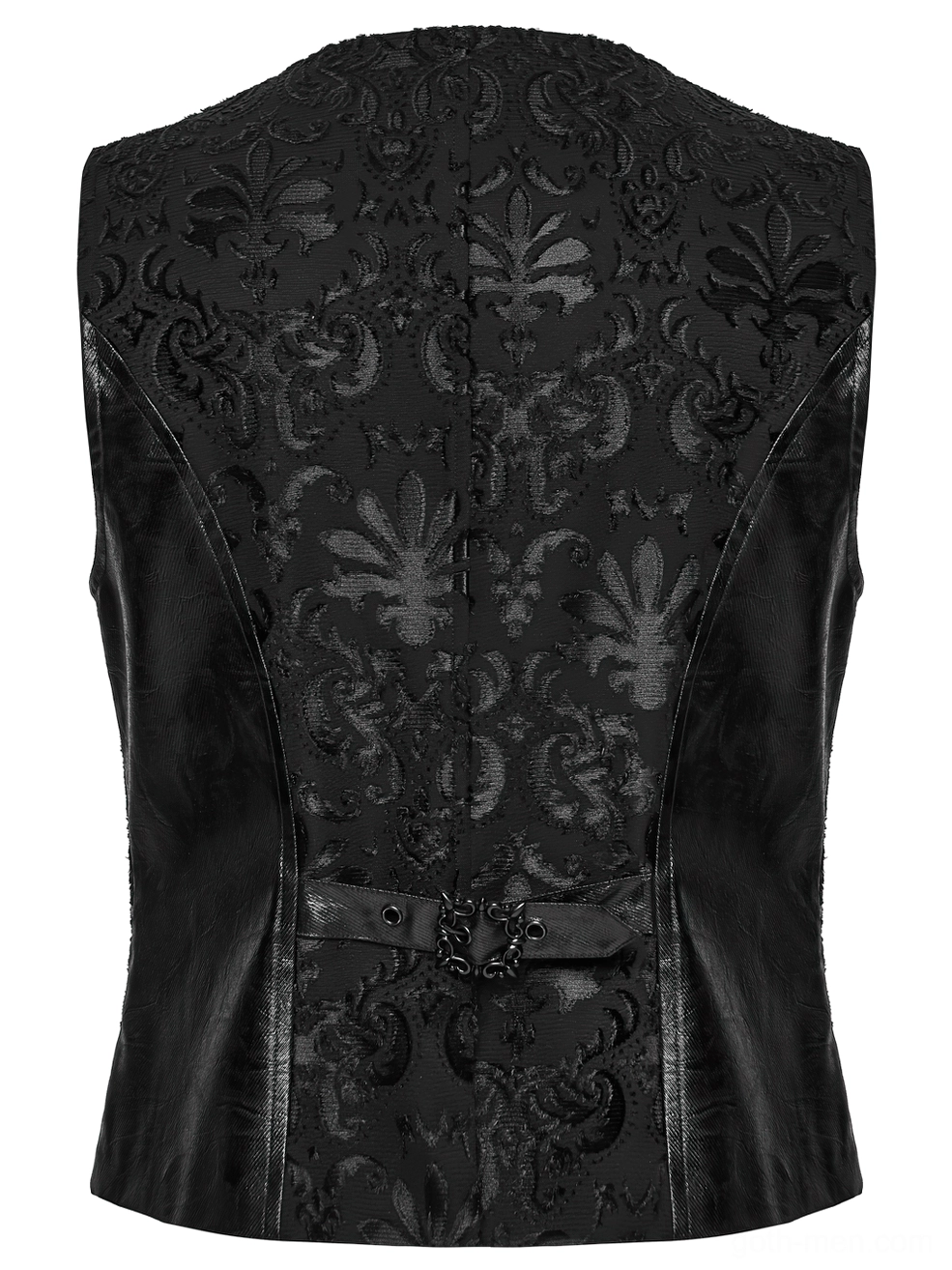 Black gothic embroidered waistcoat back flat lay displaying full damask jacquard and metal buckle hardware