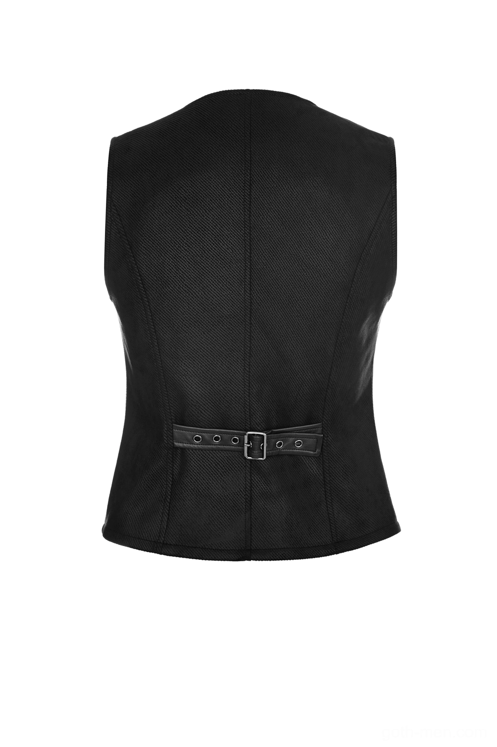 Back detail of black gothic waistcoat with textured twill fabric and metal adjustment buckle