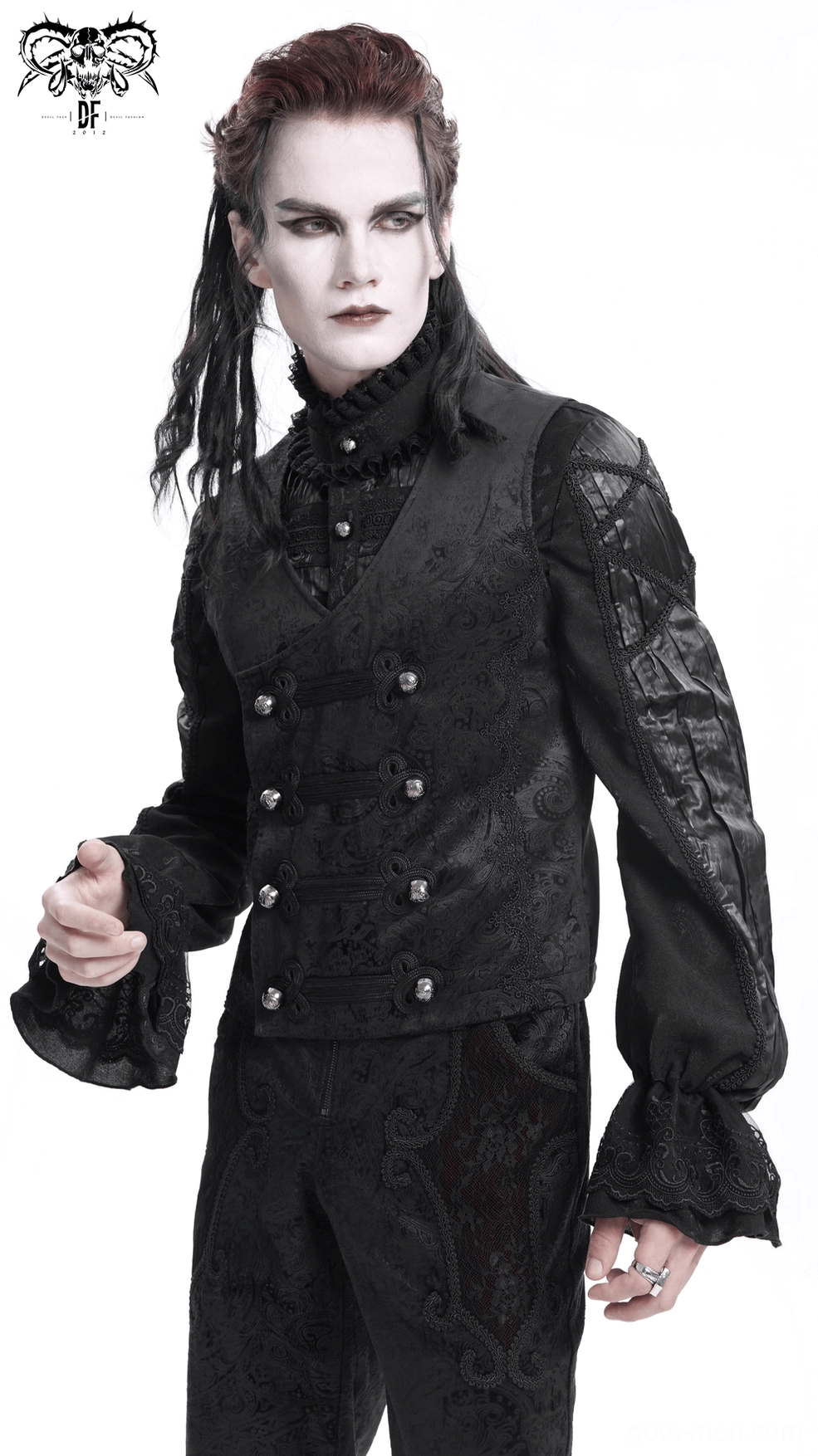 Black gothic waistcoat back panel view showing leather-textured finish and adjustable waist strap