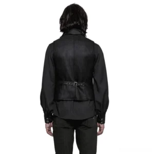 Black gothic waistcoat back view showing adjustable leather belt and matte twill fabric